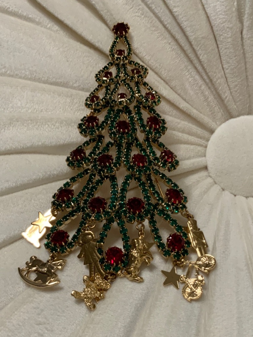 Kirks Folly Gold-Tone Green and Red Christmas Tree Brooch with Charms